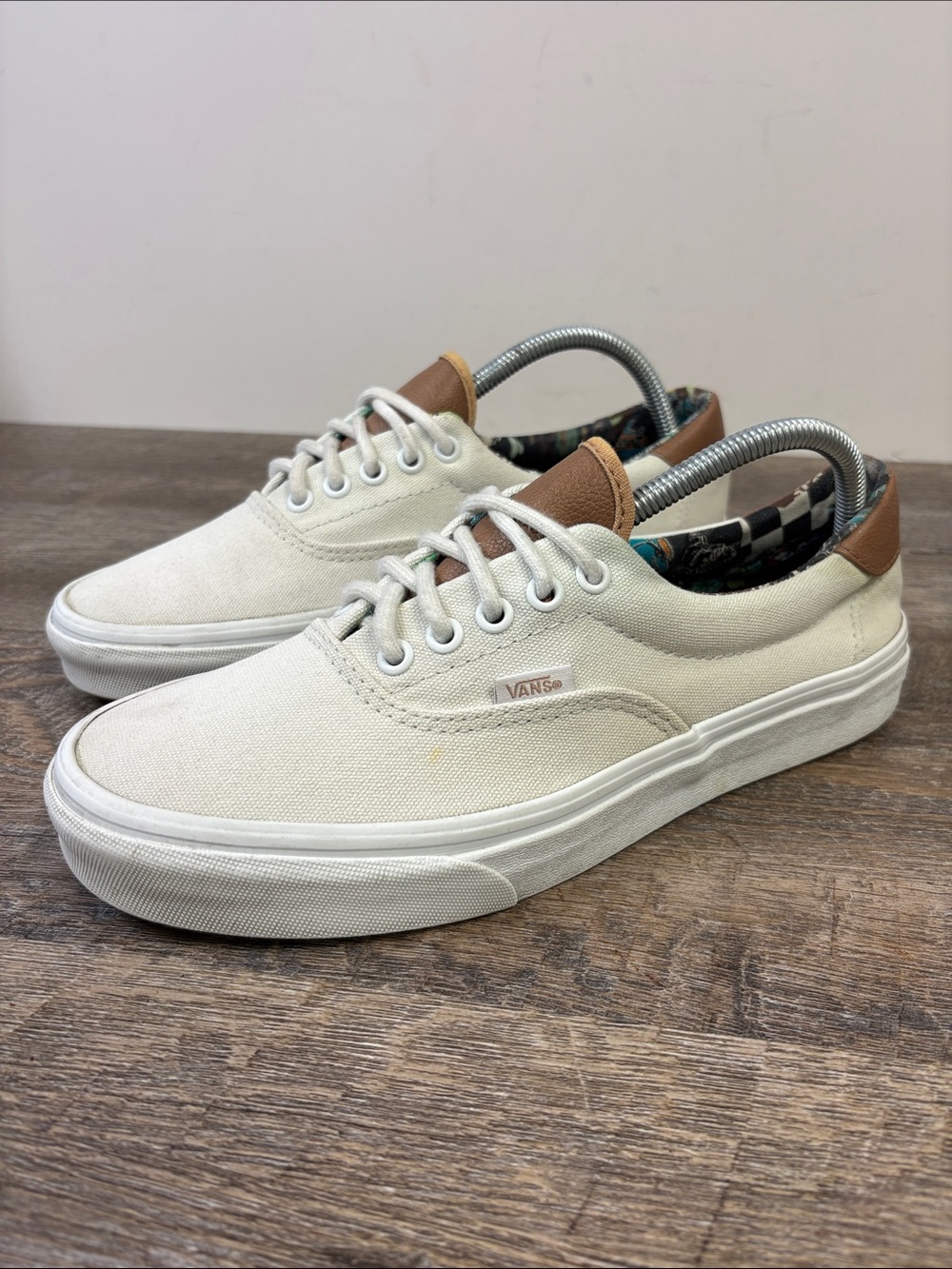 Vans Era 59 Cream Canvas Floral Lined Sneakers Brown Leather Men’s 9 Women’s 10.